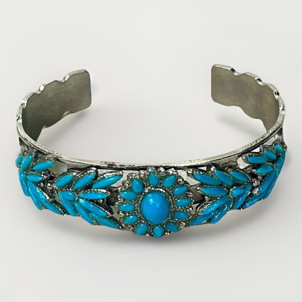 VTG Faux Turquoise Cuff Bracelet Petit Point Cluster Boho Southwest Zuni Style